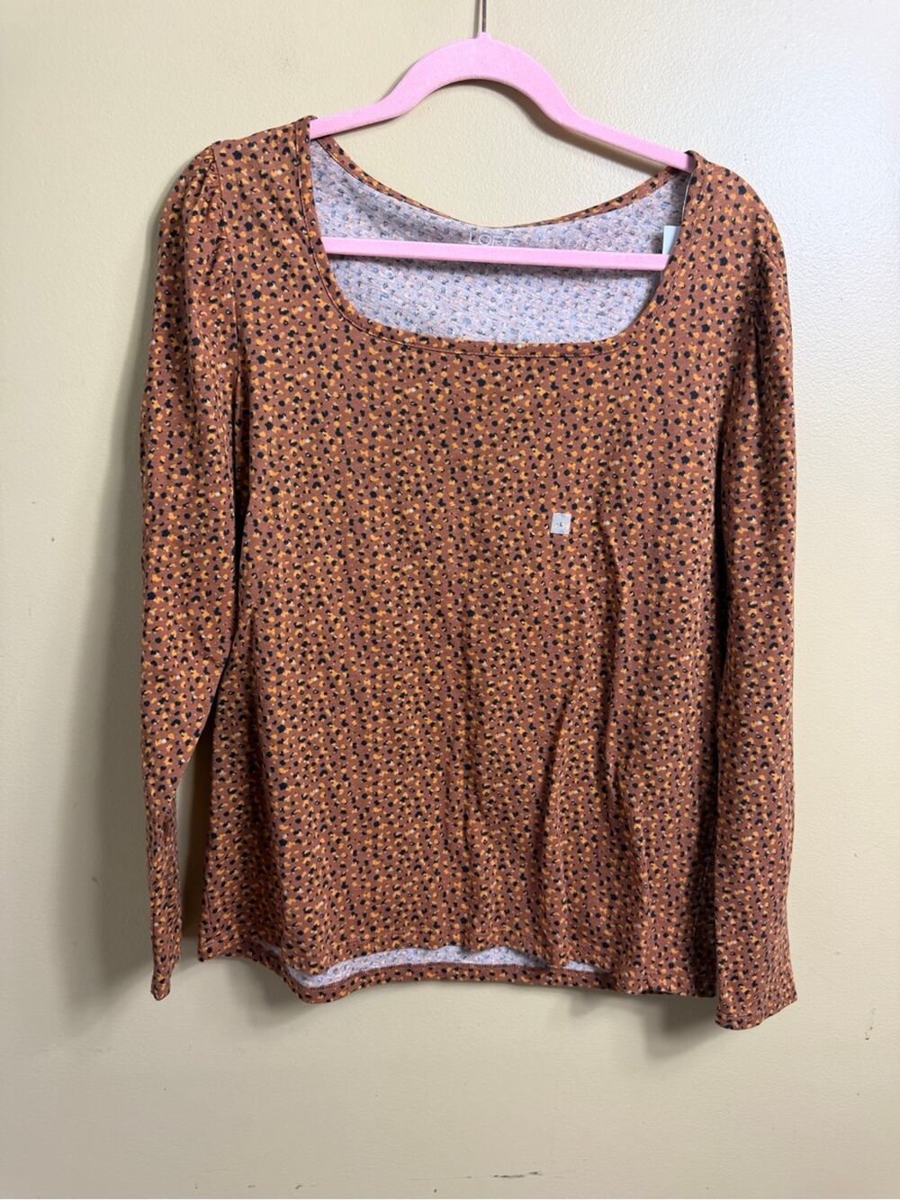 NWT LOFT Brown Animal Print Scoop Neck Long Sleeve Top - Size Large